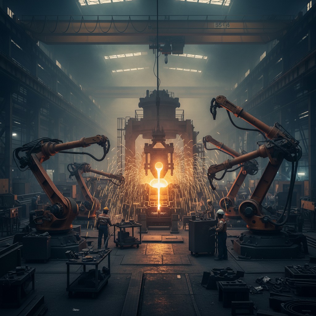 Endüstriyel bir fabrikada erimiş metalin dökümü sırasında etrafa kıvılcımlar saçan büyük robot kollar ve işçiler görülüyor.